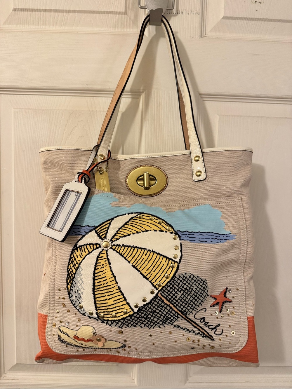 Coach Canvas Tote with Yellow Beach Umbrella and Coral Trim